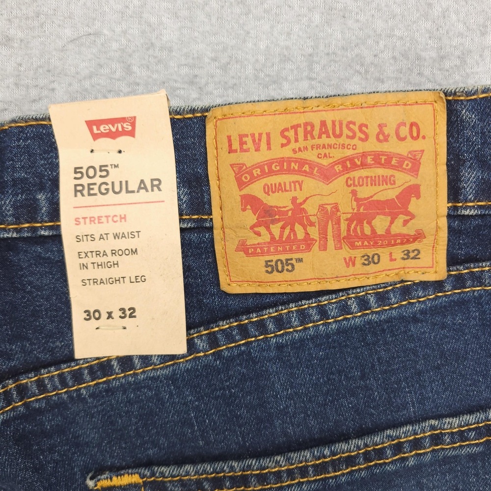 Levis 505‎ Regular Jeans Mens 30x32 Blue Stretch Denim Straight Leg Pants NEW - Picture 5 of 10